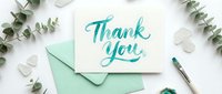 Teal watercolor thank you card with mint envelope, eucalyptus branches, and paintbrush on white background, for greeting and stationery design.