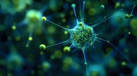 Microscopic view of glowing green virus cell with extending spikes on dark background, scientific visualization for medical research and education purposes.