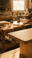Craftsman hands working with wood planes on workbench in traditional carpentry workshop with warm sunlight streaming through window creating artisan atmosphere.