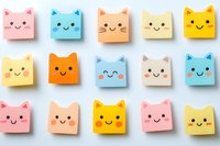 Colorful kawaii cat faces with cute expressions arranged in rows on white background. Pastel pink, blue, yellow and orange square shapes with minimal design.