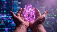 Hands holding glowing neon heart with digital code background, representing healthcare technology, cardiology innovation, and medical data analysis for digital health applications.