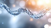 Dynamic water splash forming elegant wave shape against blurred bokeh background with warm and cool light effects, creating artistic fluid motion photography.