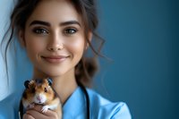 Young female veterinarian in blue medical uniform holding cute hamster pet, showing gentle care and professional approach against blue background with soft bokeh effect.