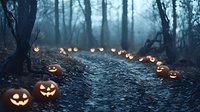Glowing jack-o-lanterns illuminate a misty forest path, creating an eerie Halloween atmosphere in the foggy woodland at dusk.