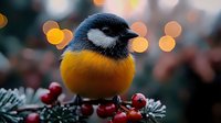 Small songbird with bright orange breast and blue-gray head perched on winter branch with red berries against blurred bokeh lights background, festive nature scene.