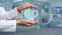 Healthcare professional protecting glowing heart and brain icon symbolizing mental health care and medical protection in modern hospital setting.