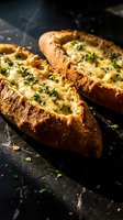 Baked sweet potatoes stuffed with melted cheese and fresh herbs on dark slate surface. Comfort food recipe for healthy dinner or side dish preparation.