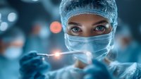 Female surgeon in surgical mask and cap performing precision operation with illuminated medical instruments in modern operating room environment.