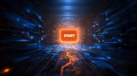 Glowing orange start button in futuristic digital space with blue circuit paths and light trails extending into dark perspective background for technology concepts.