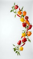 Colorful bell peppers and chili peppers with green leaves arranged in flowing vine pattern on white background for culinary and healthy eating designs.