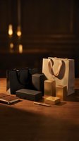 Luxury retail packaging collection with kraft and black shopping bags, gold boxes, and wooden table display under warm lighting for upscale branding.