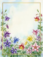 Watercolor columbine flowers frame with gold border, colorful purple pink yellow blooms and green leaves, copy space for text or invitation design.