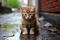Wet fluffy ginger kitten sitting on rainy pavement, looking directly at camera with bright blue eyes. Small feline with long fur outdoors after rain.