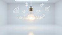 Glowing light bulb in modern white room with floating business icons representing innovation, growth, finance and success concepts for corporate presentations.