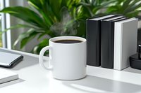 Steaming white coffee mug on minimal white desk with books and green plant, morning workspace atmosphere with natural light and cozy home office setup.