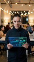 Young woman of Caucasian ethnicity wearing black jacket holds glowing digital tablet displaying cyber threat and AI defense analytics in modern loft office with string lights and blurred colleagues.