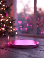 Round pink illuminated platform display against blurred Christmas tree and window background with festive bokeh lights creating magical holiday atmosphere.