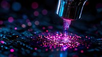 Glowing pink and blue particles scatter under microscope lens creating magical bokeh effect on dark background. Scientific research visualization concept.