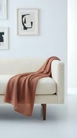 Cream upholstered sofa with wooden legs and terracotta throw blanket in minimalist living room with abstract wall art for home decor.