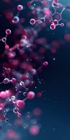 Pink and silver molecular structure floating on dark blue background with glowing particles and bokeh effects, scientific concept for chemistry and biology.