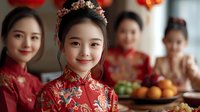 Young Asian woman in traditional red qipao dress with floral embroidery and ornate hair accessories smiling during Lunar New Year celebration with family gathering.