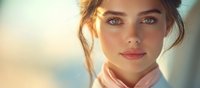 Young woman with natural makeup and soft pink scarf looking at camera with gentle smile against blurred warm background in morning sunlight, close up portrait.
