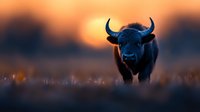 Powerful African buffalo silhouetted against golden sunset sky, dramatic close-up portrait showing curved horns and muscular form in natural savanna habitat.