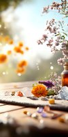 Mystical wellness composition with healing crystals, orange marigold flower, essential oil bottle and delicate pink blossoms against soft bokeh background.