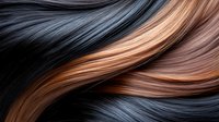 Smooth flowing waves of black and copper hair strands creating dynamic pattern of contrasting colors, highlighting professional hair coloring and styling techniques.