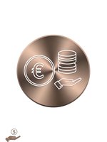 Rose gold metallic circular icon featuring euro coin, database stack and open palm symbols representing financial data management and digital banking services.