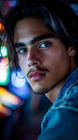 Young Hispanic male model with glowing blue eyes against colorful bokeh night lights background, wearing denim jacket, dramatic moody portrait with artistic lighting effects.