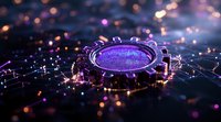 Futuristic purple microchip with glowing connections and bokeh lights on dark background creates atmospheric technological composition for digital concepts.