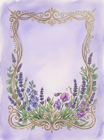 Ornate golden frame with lavender flowers and green foliage on soft purple watercolor background, isolated on white for invitations, greeting cards, and design projects.