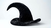 Black wizard hat with curved pointed tip and wide brim isolated on white background for Halloween costume design and magical fantasy themes.
