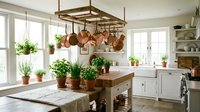 Rustic farmhouse kitchen interior with copper pots hanging from wooden rack, herb plants on butcher block island, white cabinets and natural lighting.