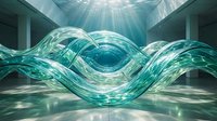 Futuristic glass wave sculpture in modern interior with dramatic lighting and reflective surfaces creating abstract architectural design element.