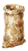Weathered burlap sack with rust stains and torn fabric texture, isolated on white background. Suitable for vintage, rustic, and industrial design projects.