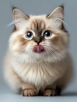 Adorable ragdoll cat with bright blue eyes and cream-colored fur licking nose against gray background, showing playful expression and fluffy coat in studio portrait.