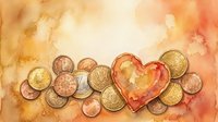 Watercolor heart surrounded by vintage coins on warm textured background for romantic finance themes, wedding invitations, love and money concepts.