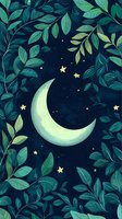 Mystical night scene with glowing crescent moon and stars among lush green foliage on dark background. Magical forest atmosphere with celestial elements creates dreamy mood.