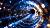 Glowing blue spiral tunnel with light particles and bokeh effects creates futuristic space-time portal atmosphere against dark background.
