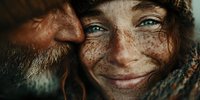 Close-up portrait of smiling young Caucasian woman with freckles and curly hair wearing knitted scarf, natural beauty and authentic happiness concept.