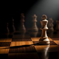 White wooden chess king piece standing prominently on checkered board with blurred pieces in background under dramatic spotlight lighting.