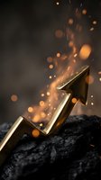 Golden arrow emerging from dark coal with dramatic sparks and bokeh lights symbolizing business growth, success breakthrough and financial progress.