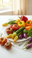 Fresh organic vegetables arranged on white plate with natural sunlight streaming through kitchen window for healthy cooking and farm-to-table dining.