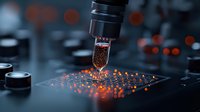 Microscope lens examining glowing orange particles on glass slide in dark laboratory setting, scientific research and analysis concept for medical studies.