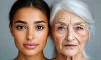 Side by side portrait of young Hispanic woman and senior woman with white hair showing aging process and beauty through generations on gray background.