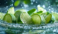 Fresh lime slices in splashing water with droplets and bokeh effect on dark background, macro shot with selective focus. Refreshing citrus concept.
