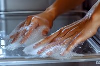 Hands washing with soap and water in kitchen sink, proper hygiene and cleanliness routine for health and safety at home.