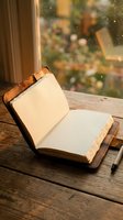 Open leather-bound journal with blank pages on wooden table by window with warm sunlight and bokeh background for writing and planning.